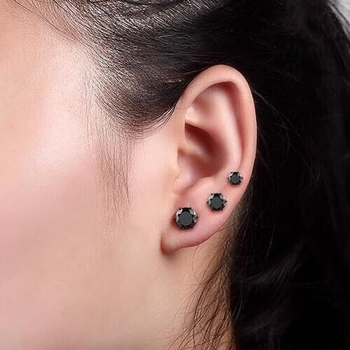 5Pairs 316L Surgical Steel Black CZ 4/5/6/7/8mm Solitaire Men Women Stud Earring